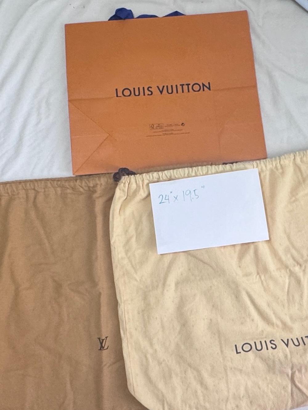 BUNDLE Louis Vuitton Beige and Tan Dust Bag Pair with Orange Shopping Bag